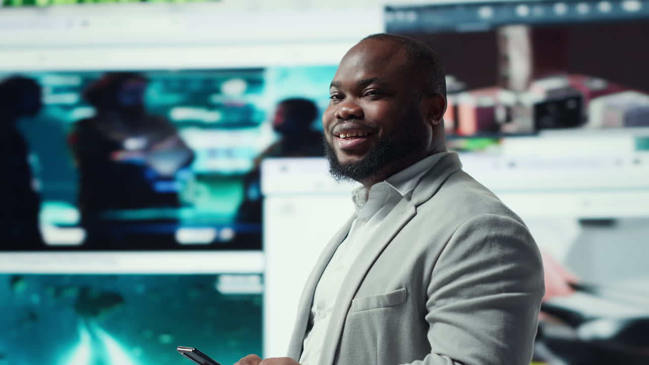 Vertical video Cheerful man using smartphone surrounded by curated video recommendations