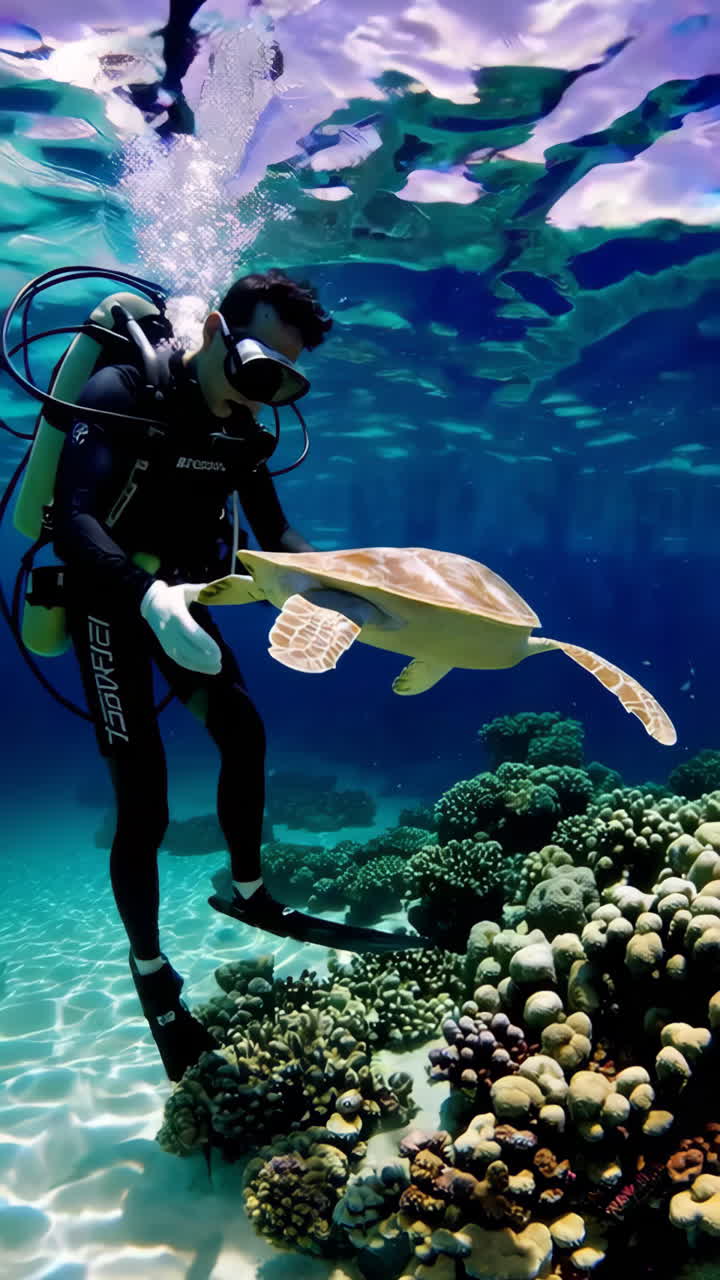 un buzo interactuando con una tortuga marina en un arrecife de coral
