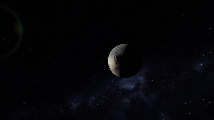 Planeta Plutão com Brilho Solar Distante e Fundo de Estrelas da Via Láctea – Animação 3D CGI