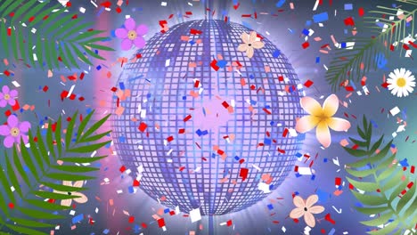 animation of flowers, leaves and confetti over disco ball on black background