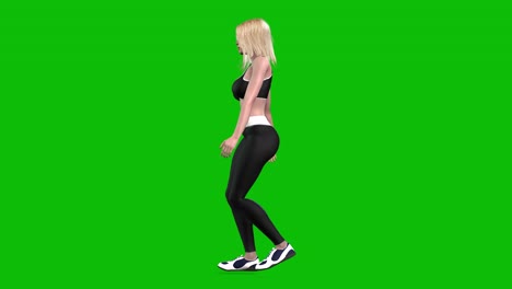atleta femenina en 3d con traje deportivo, ropa deportiva negra ajustada, caminando rápido en pantalla verde, animación en bucle en 3d, vista lateral