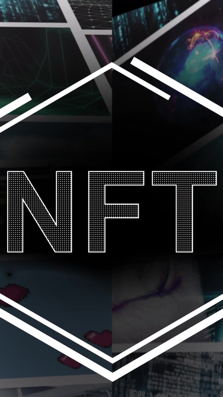 Animazione di NFT in esagono su schermi con dati diversi