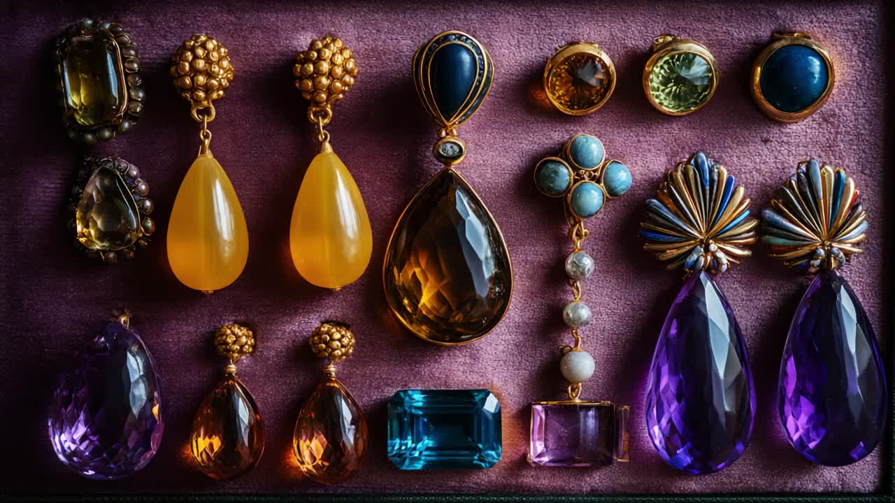 A Stunning Array of Vintage Jewelry Featuring Vibrant Gemstones in Various Shapes and Colors Artfully Positioned on a Luxurious Fabric Background, Capturing Elegance and Craftsmanship