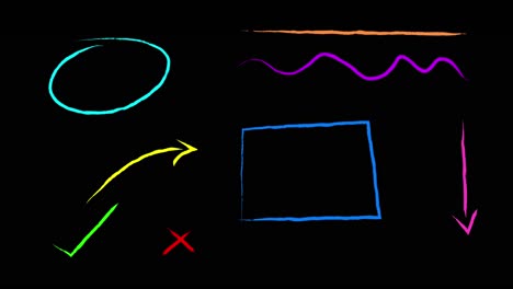 Animation-of-colorful-outlined-speech-bubbles,-lines-and-arrows-on-black-background