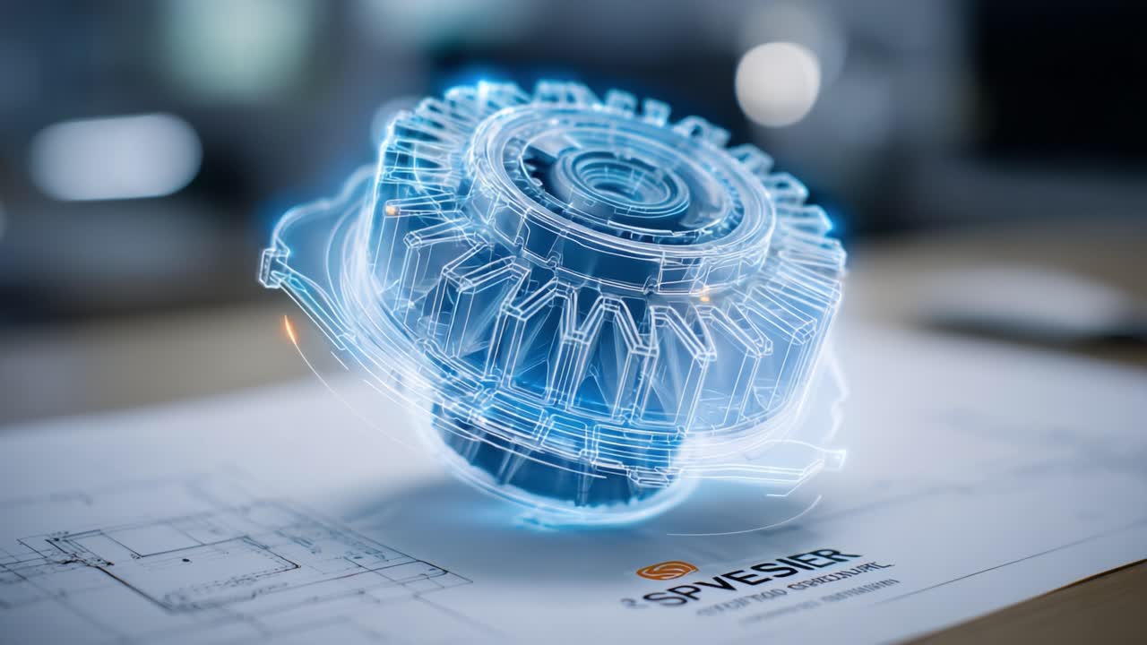 Innovative 3D Visualization of a Mechanical Component with Transparent Design and High-Tech Visual Effects Set Against a Blueprint Background