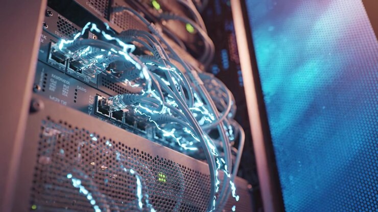 Intricate Network of Servers and Cables Showcased in Modern Data Center Environment with Dynamic Lighting Effects and High-Tech Connectivity Features
