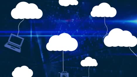 animación de iconos de nubes y procesamiento de datos sobre un fondo oscuro