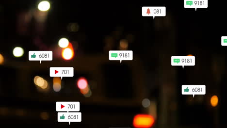 animación de iconos y números de redes sociales sobre semáforos desenfocados