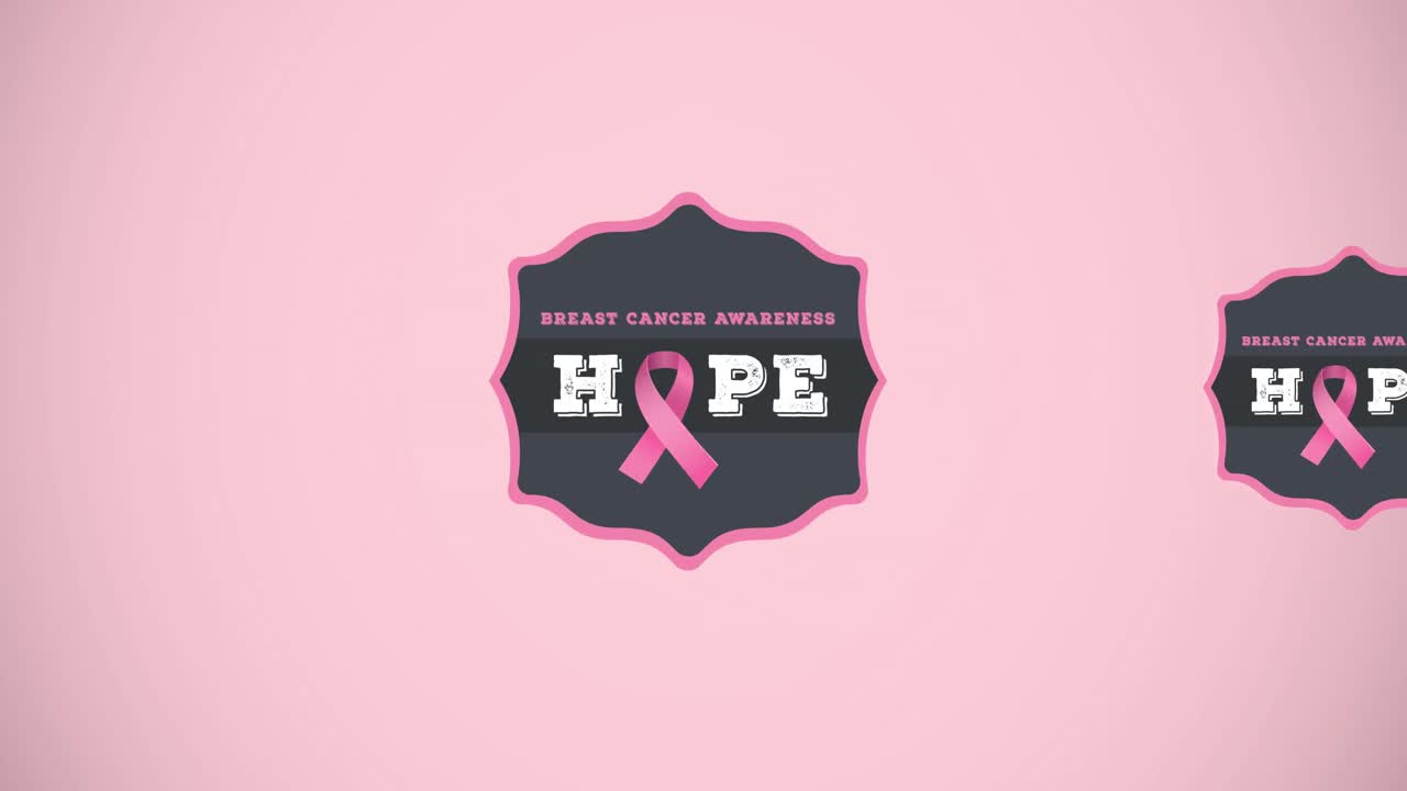 анимация логотипа розовой ленты и текста о раке молочной железы на розовом фоне