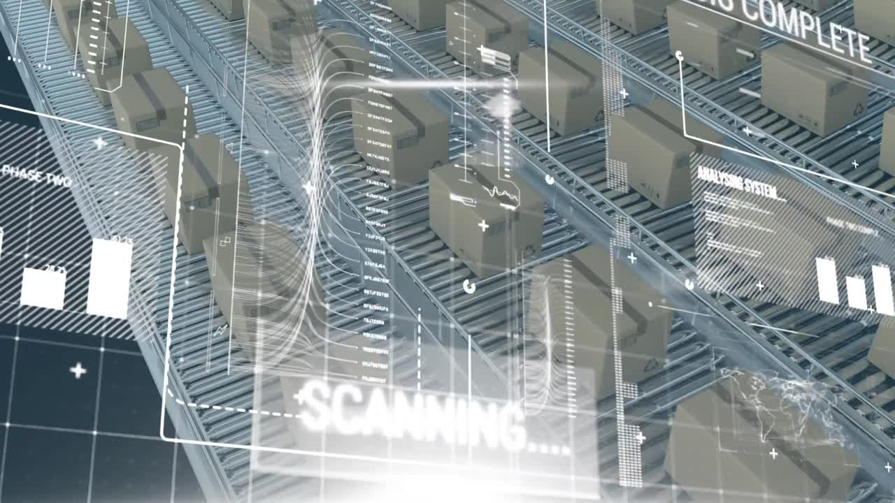 파란색 배경에 대한 컨베이어 벨트에 있는 여러 상자에서 데이터 처리를 하는 디지털 인터페이스