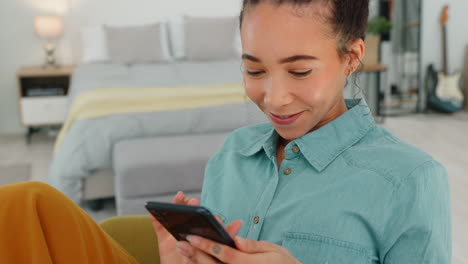 Smartphone,-relax-and-woman-typing-in-home-office