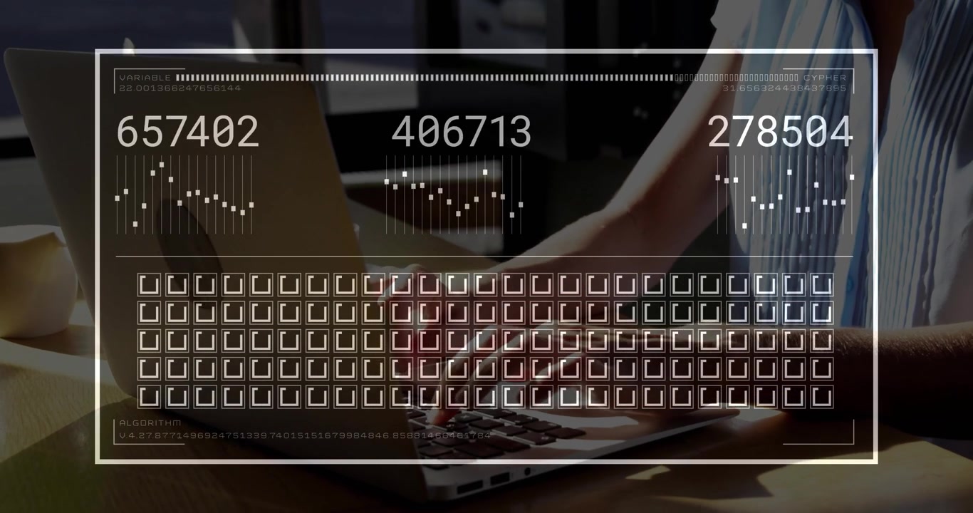 woman typing at wooden desk, displaying digital algorithm charts, numeric readouts and icon grid