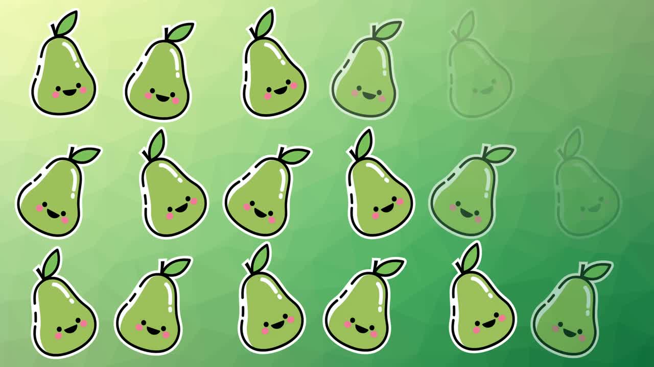 animación de peras individuales flotando sobre un fondo verde