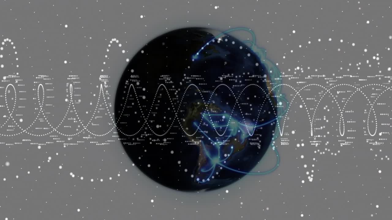 At start, 3D globe rotating and waveform oscillating with network arcs pulsing to show data flow