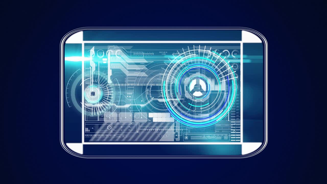 네온 둥근 스캐너가 디지털 인터페이스 위에 회전하고 파란색 배경에 데이터 처리가 있습니다.