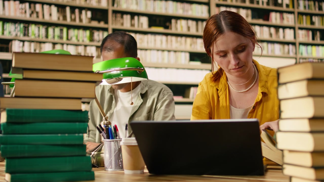 Worried young woman studying materials on laptop at library table
