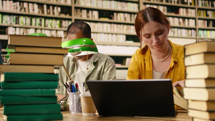 Bekymret ung kvinde, der studerer materialer på sin laptop ved et biblioteksbord.