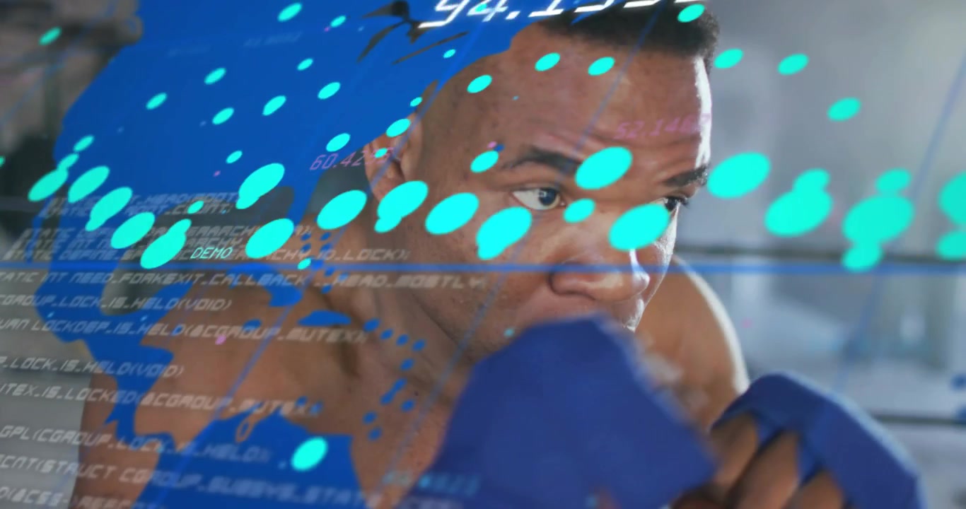 Data overlay sweeping frame, male boxer dodging and jabbing in gym, tracking performance metrics