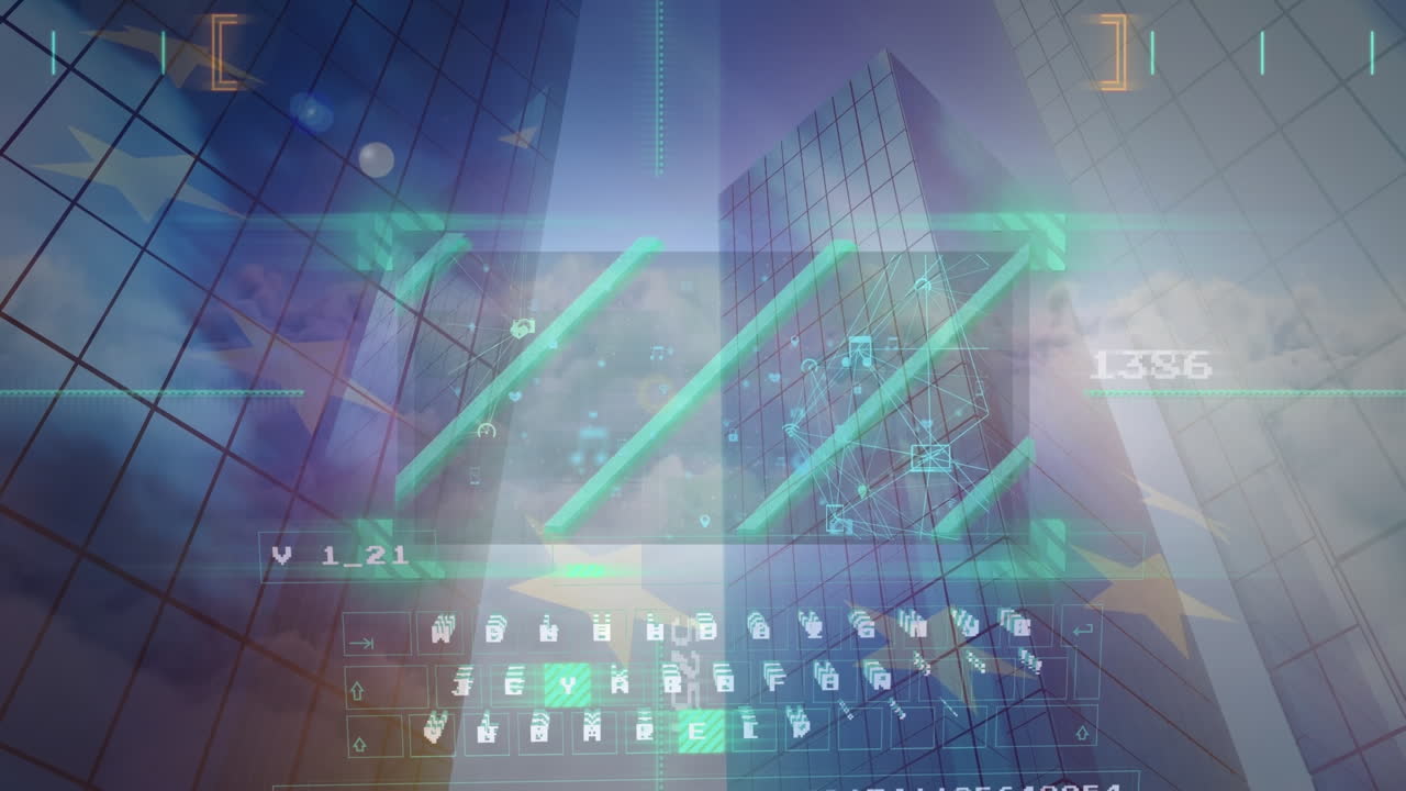 Animation of flag of europe and data on digital screens moving over office buildings