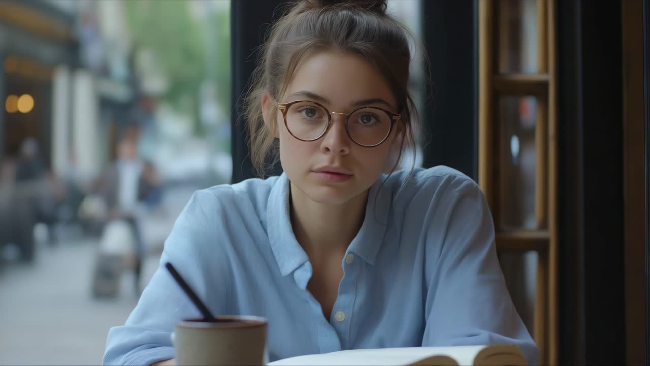 Retrato de uma jovem mulher em um café