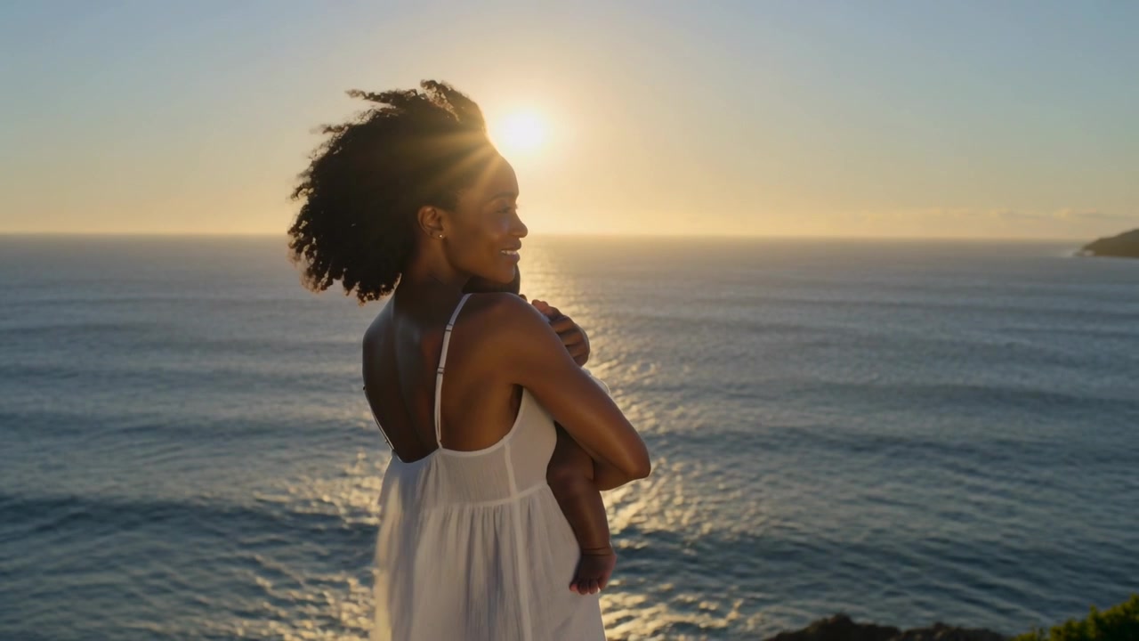 Sun lowering, mother cradling and soothing infant in white sundress on cliff, sunlight on ocean