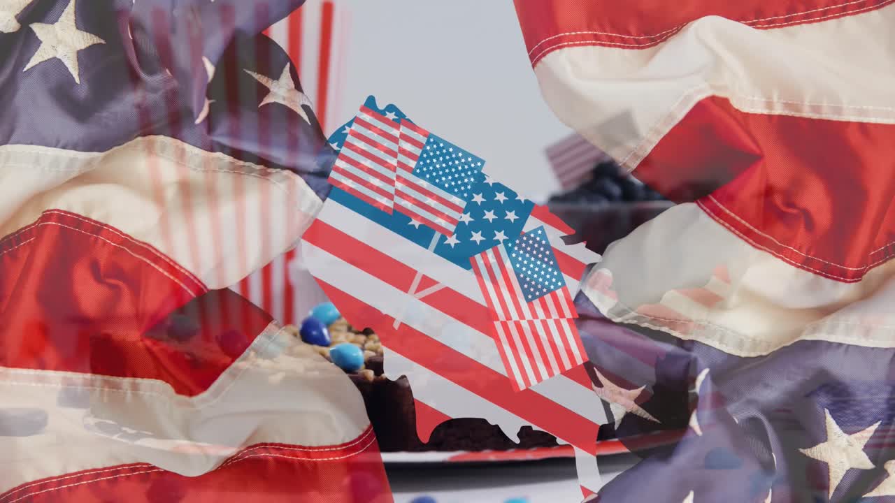 animación de un país coloreado con la bandera de los estados unidos sobre pastel y banderas de los estados unidos.