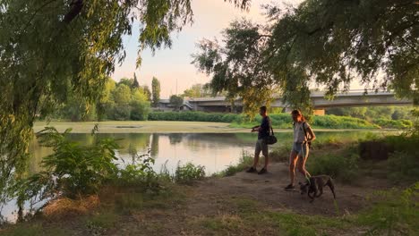 couple walking dog by the river at sunset