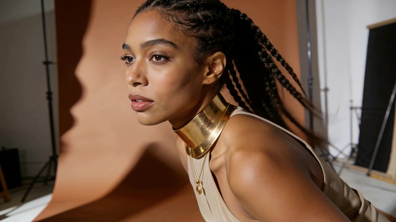 Leaning model turning after braid swing at studio, wearing beige top and gold cuff pendant