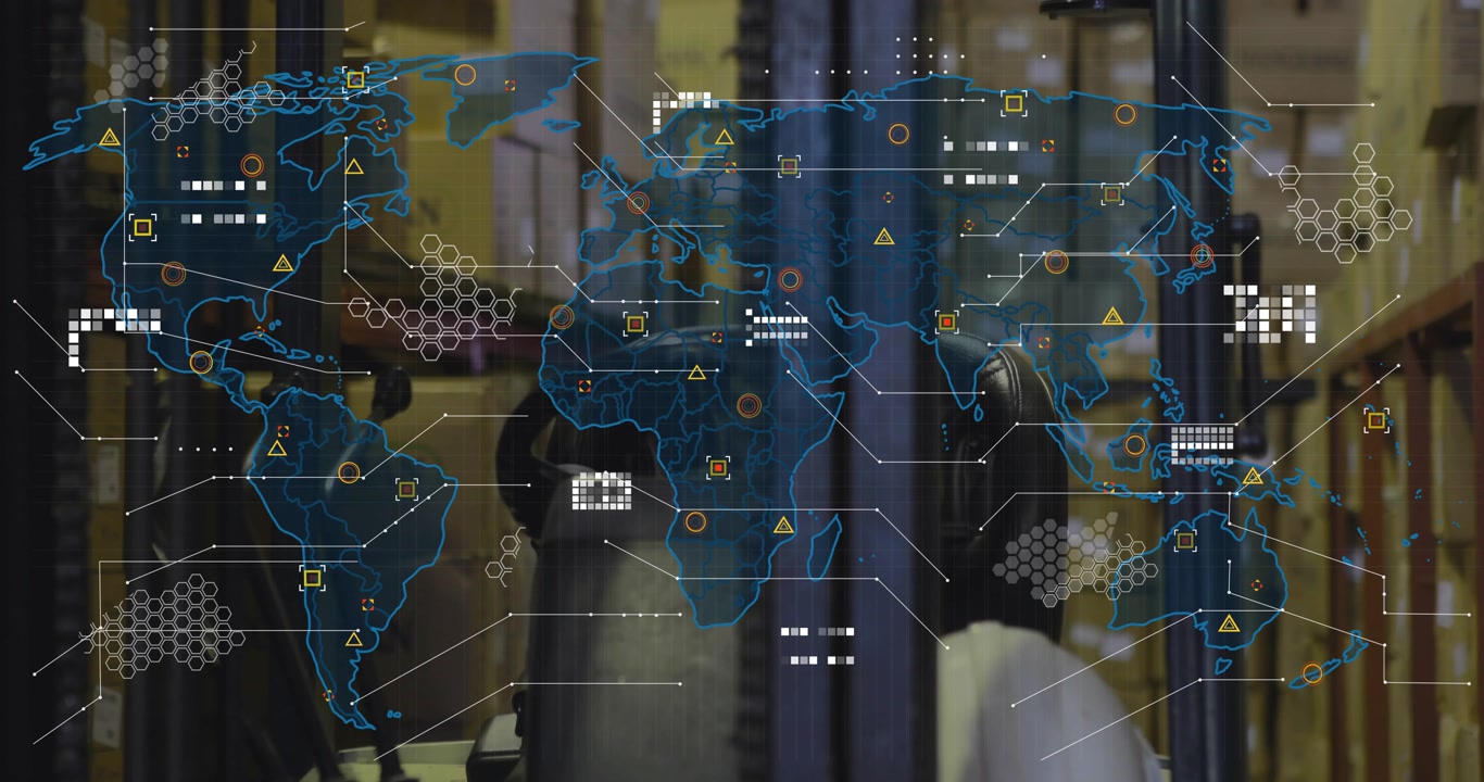 On map outline fading in over forklift, data icons clustering and connecting to show global network
