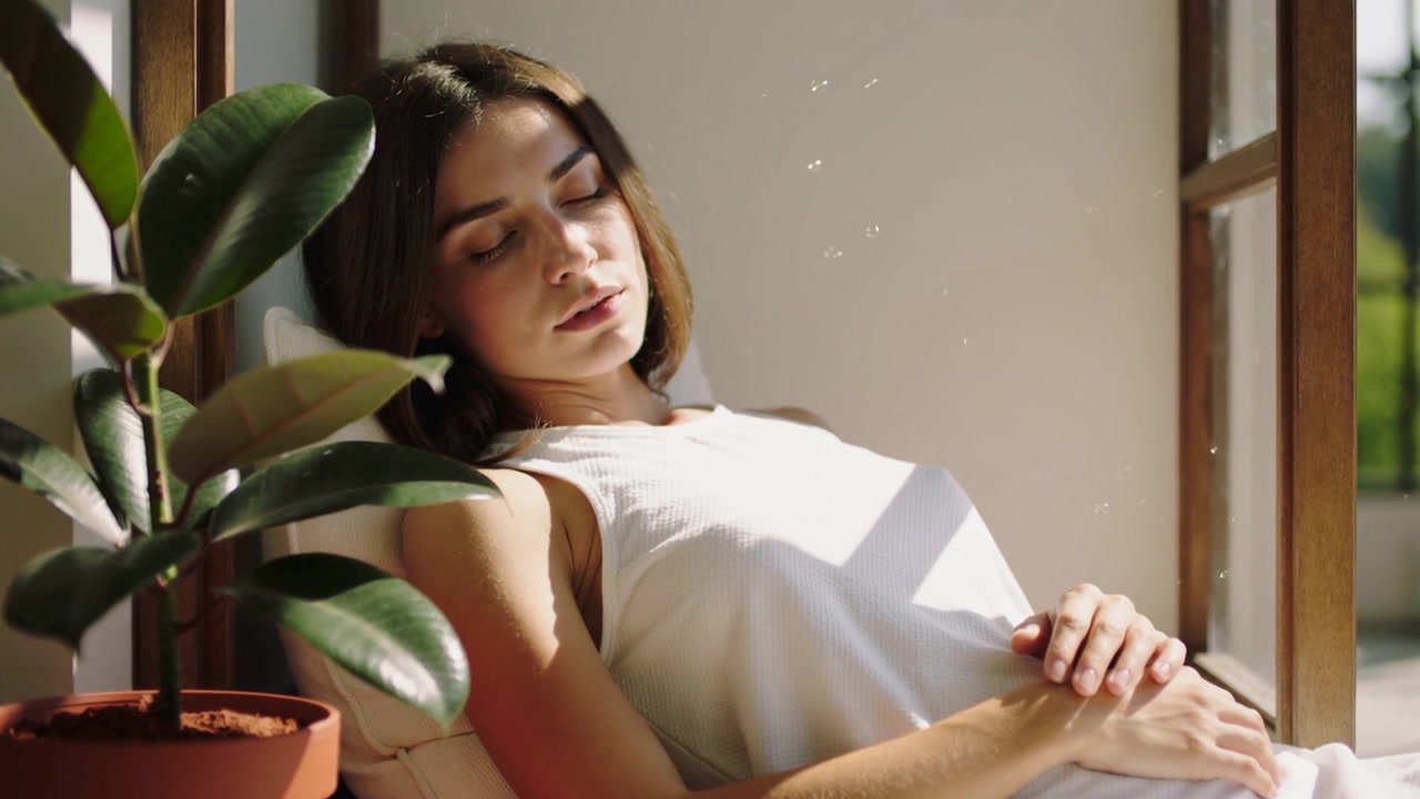 Sunlight entering wooden window causing reclining woman resting on cushion in white top, dust motes
