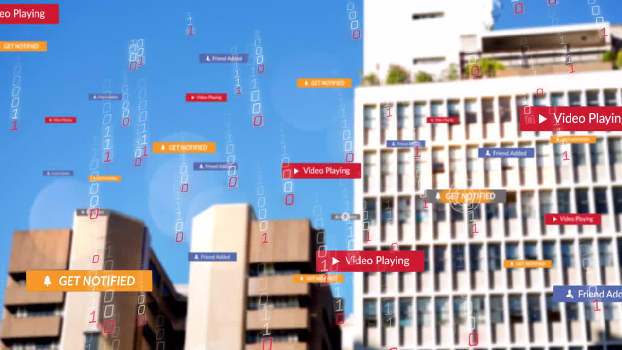 Social media notifications animation over city buildings and blue sky