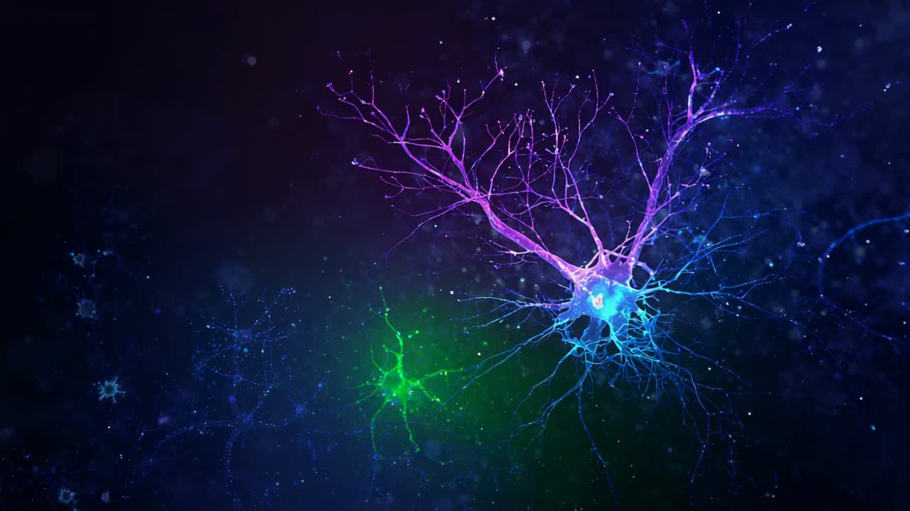 Responding to green neuron pulse, purple-pink neuron sending waves in neural nebula, copy space