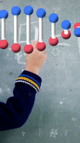animación de la cadena de adn y procesamiento de datos sobre un escolar caucásico