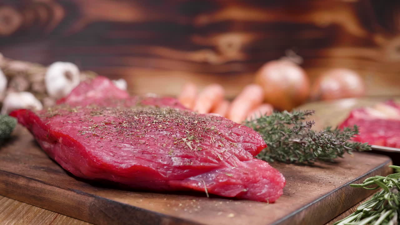 Raw steak with herbs and vegetables on a wooden board