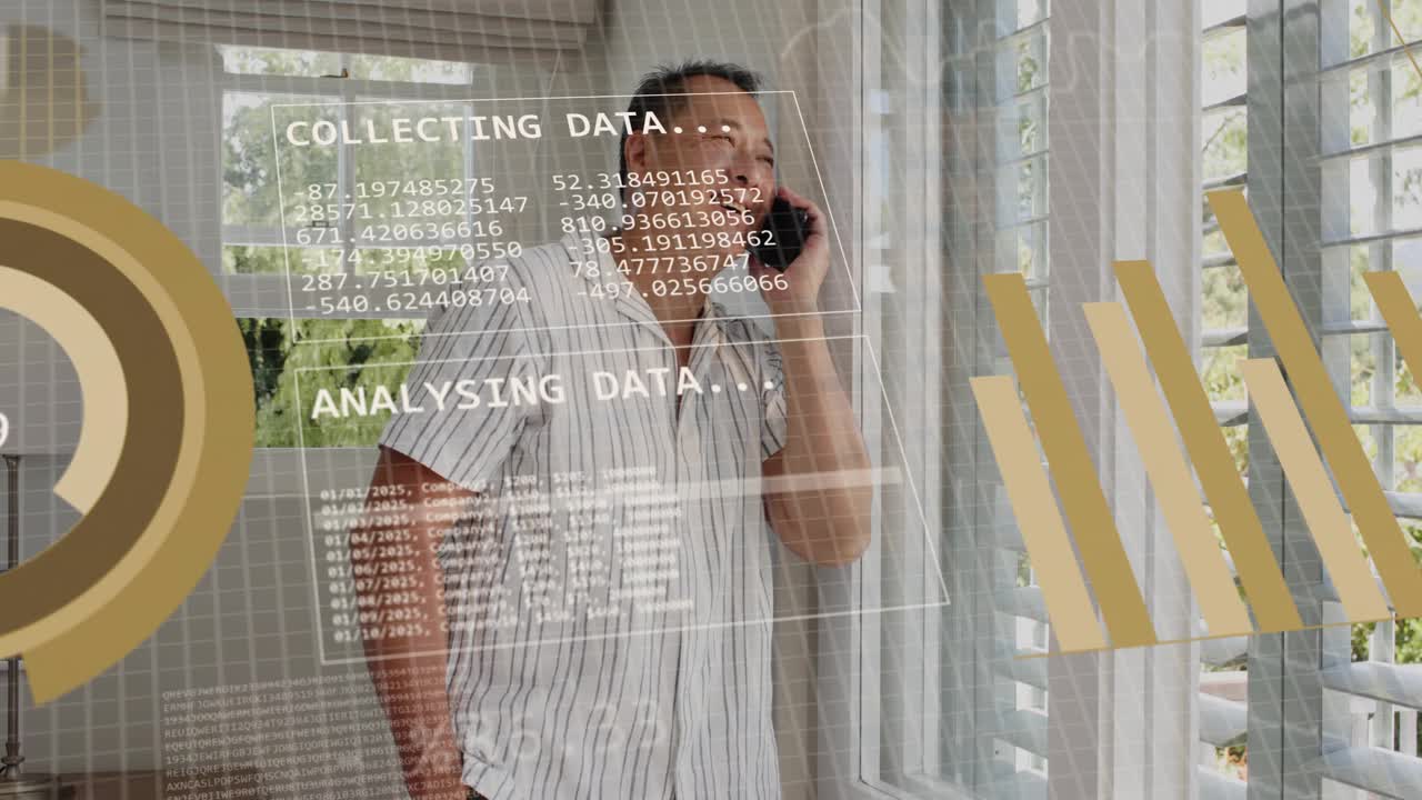 Mature man holding phone, speaking near window while call starting data overlays for analysis