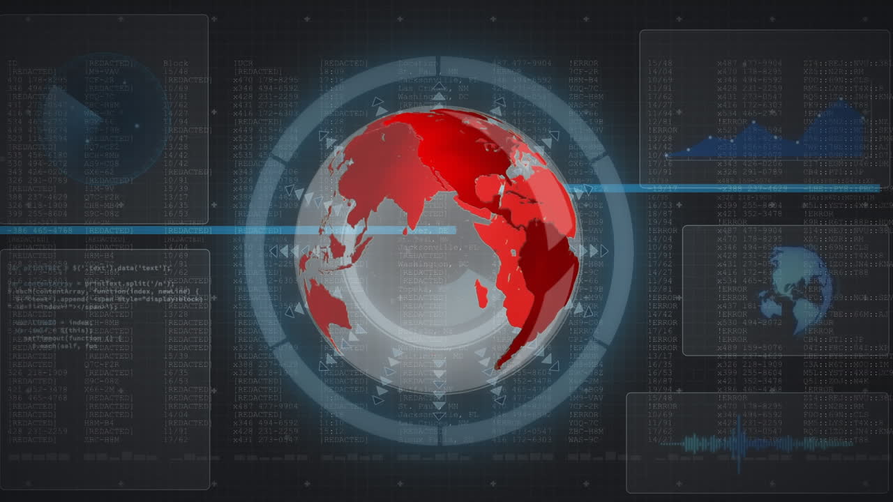animación de la interfaz con el alcance de la exploración del globo rojo y gris y la información en movimiento