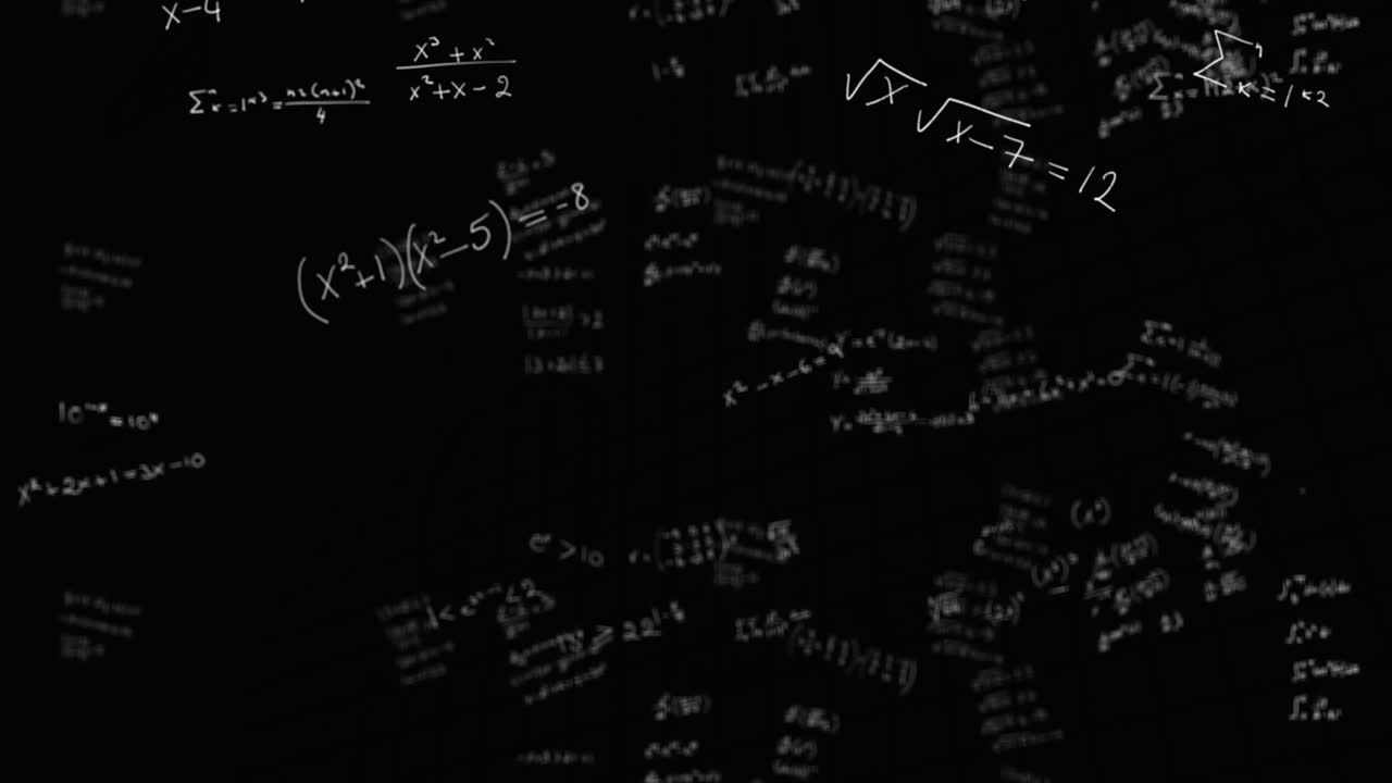 Animation of mathematical equations, diagrams and formulas floating against black background