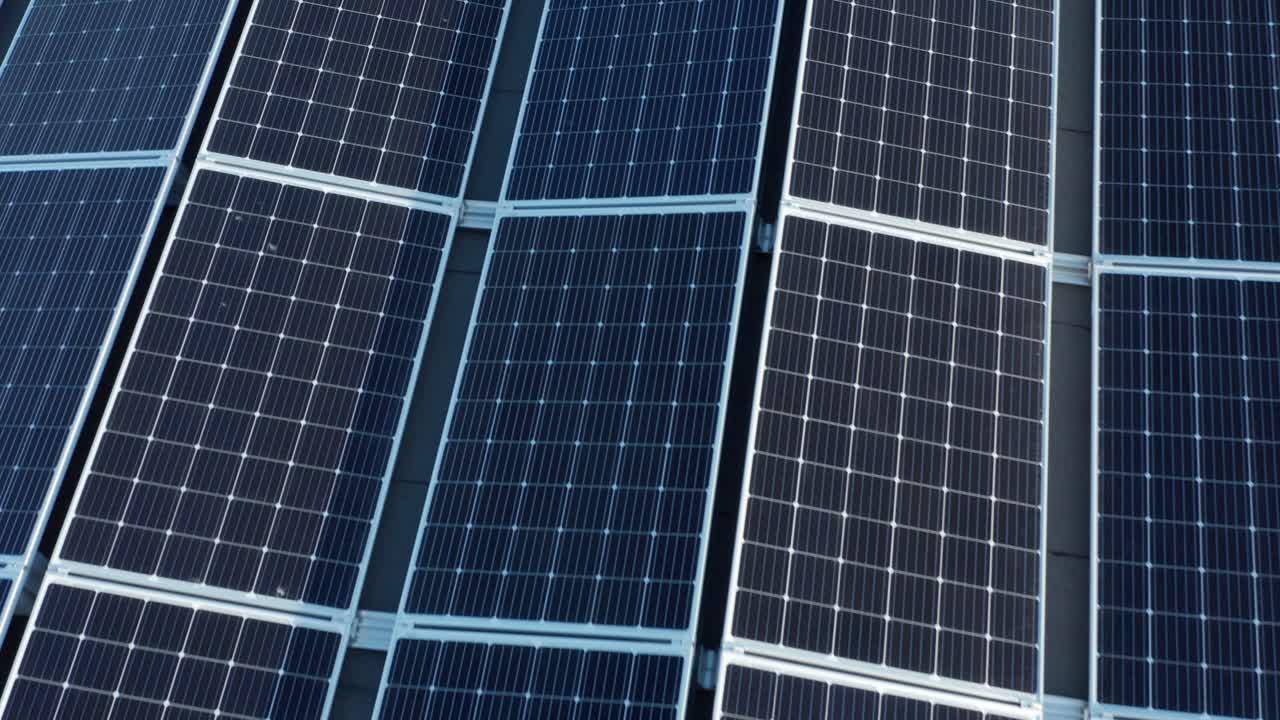 Photovoltaic Solar Panel Array, Drone Aerial Close Up View, Alternative Renewable Energy Concept