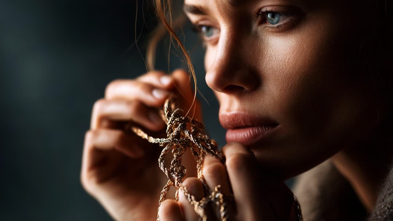 A contemplative moment captured, revealing a close-up of a woman delicately holding a twisted strand, lost in thought while examining intricate details in soft lighting
