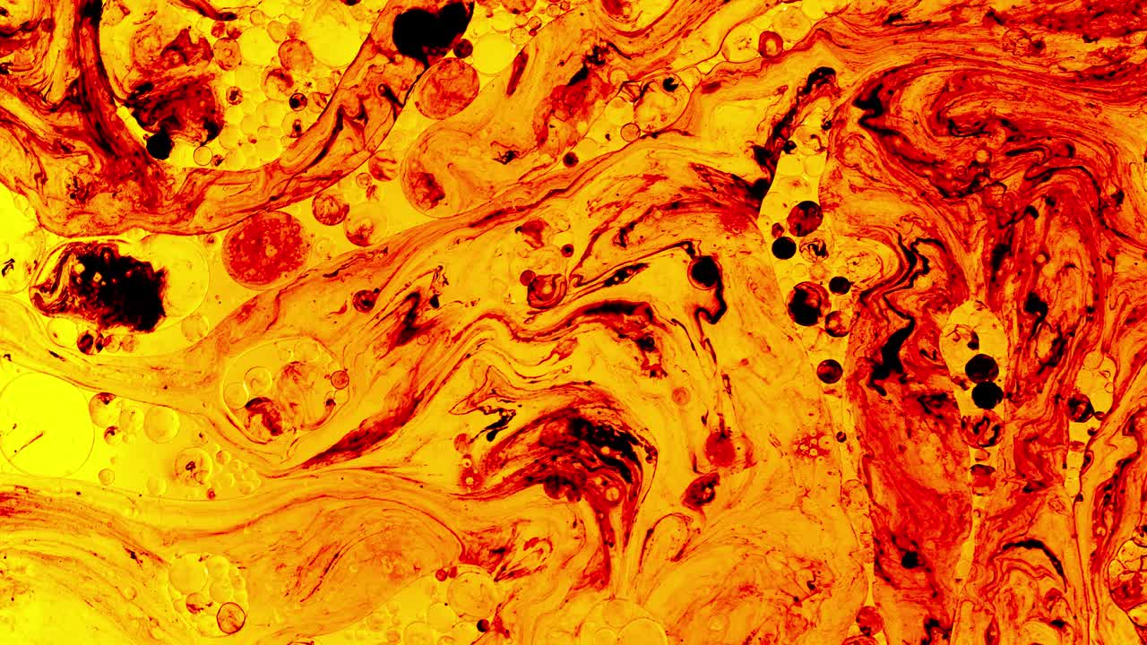 Colorful oil drops floating on water surface, top view. Fantastic abstract background. Bright bubbles moving and spreading. Close up 4k video of weird liquid structures. Scientific chemical experiment
