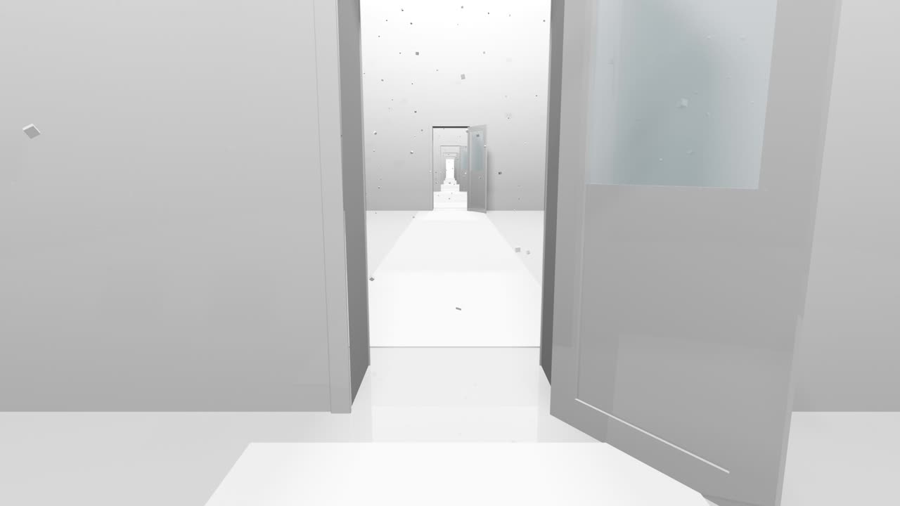 미래의 방과 날아다니는 큐브 3d 렌더링