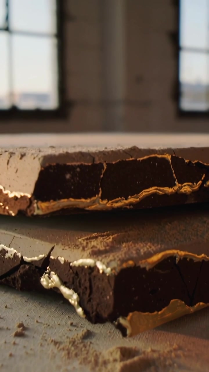 Vertical video: Pulling back cam revealing chocolate slabs with gold layer on table showing windows