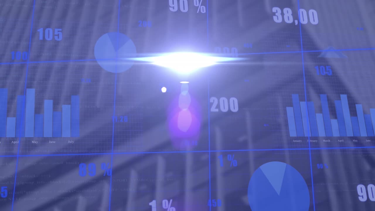 높은 건물에 대한 그리드 네트워크를 통해 조명 점의 애니메이션과 통계 데이터 처리