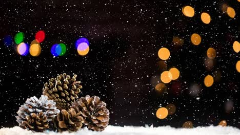 Animation-of-snow-dalling-over-cones-and-christmas-lights