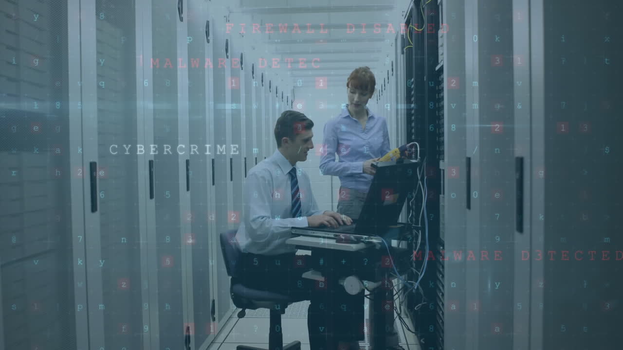 animación de textos, letras, símbolos, números, ingenieros caucásicos comprobando los servidores en la sala de servidores