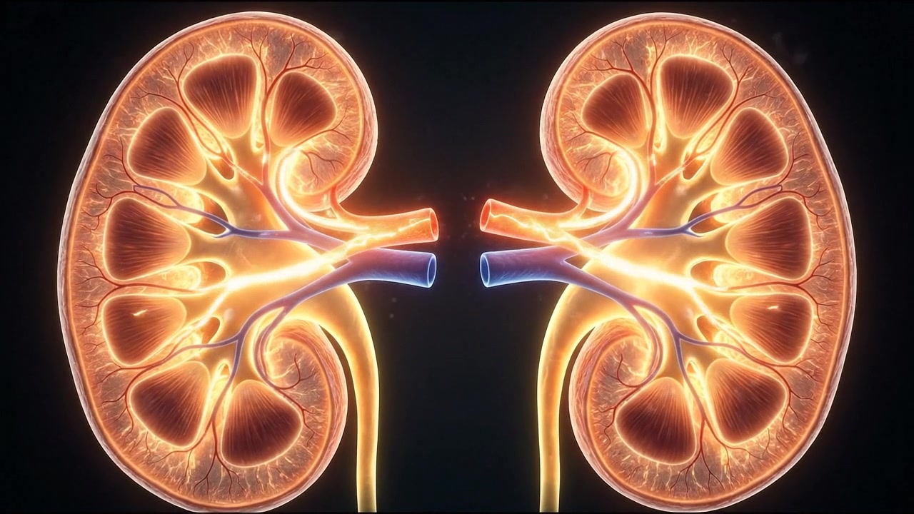 Realistic 3D human kidney pair showing renal cortex and medulla