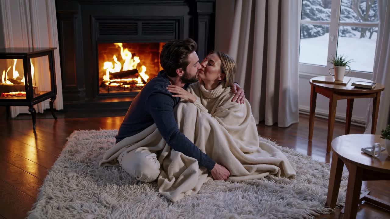 Cozy winter scene with a couple by the fireplace, wrapped in blankets