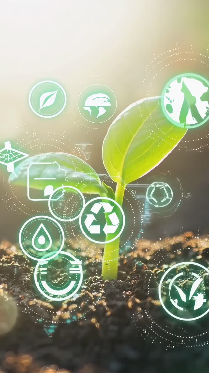 Video ravvicinato di una pianta che germoglia con icone ecologiche, ripreso dal basso con luce soffusa