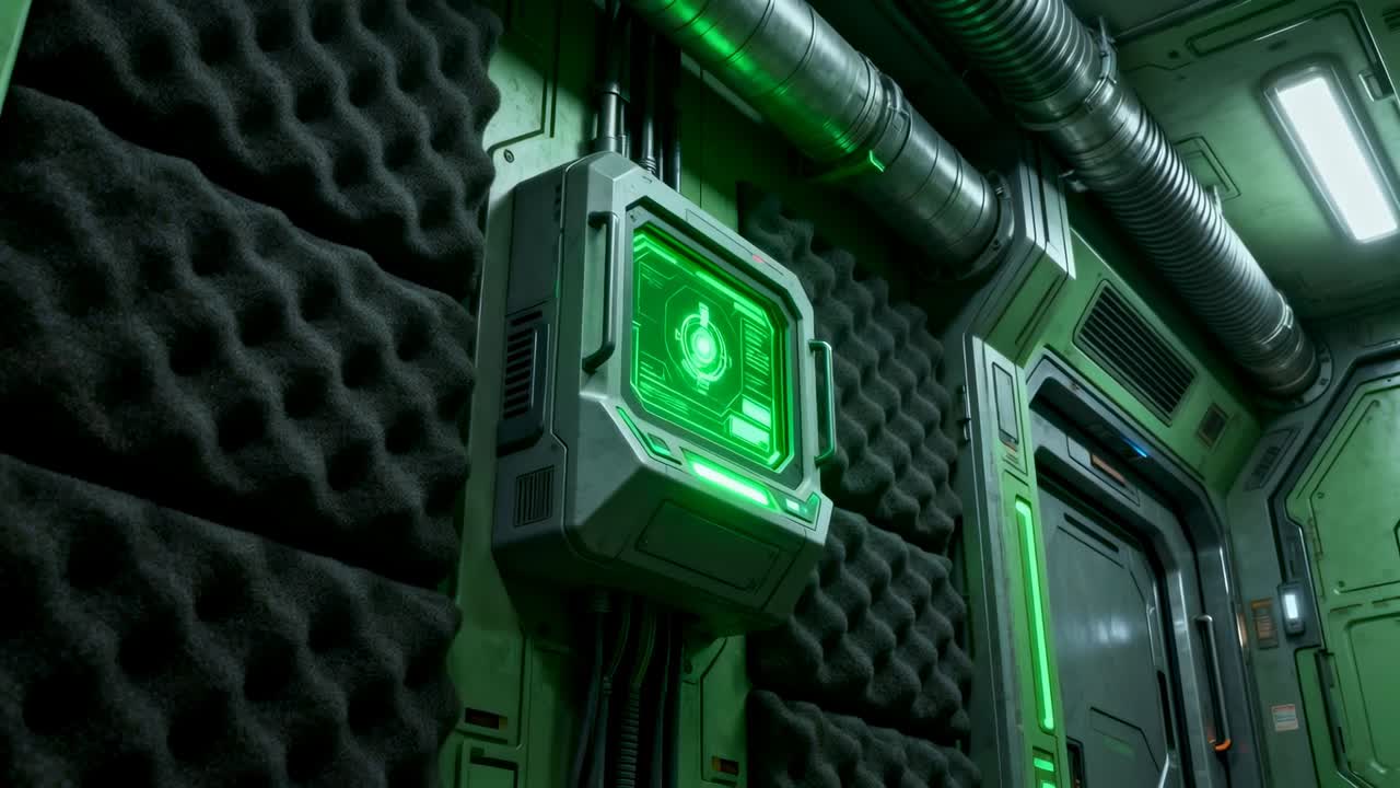 Panning camera starting slow revealing control module with green LED to reveal corridor details