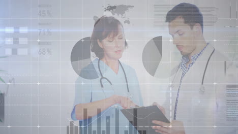 Doctors reviewing patient data over medical statistics and graphs animation